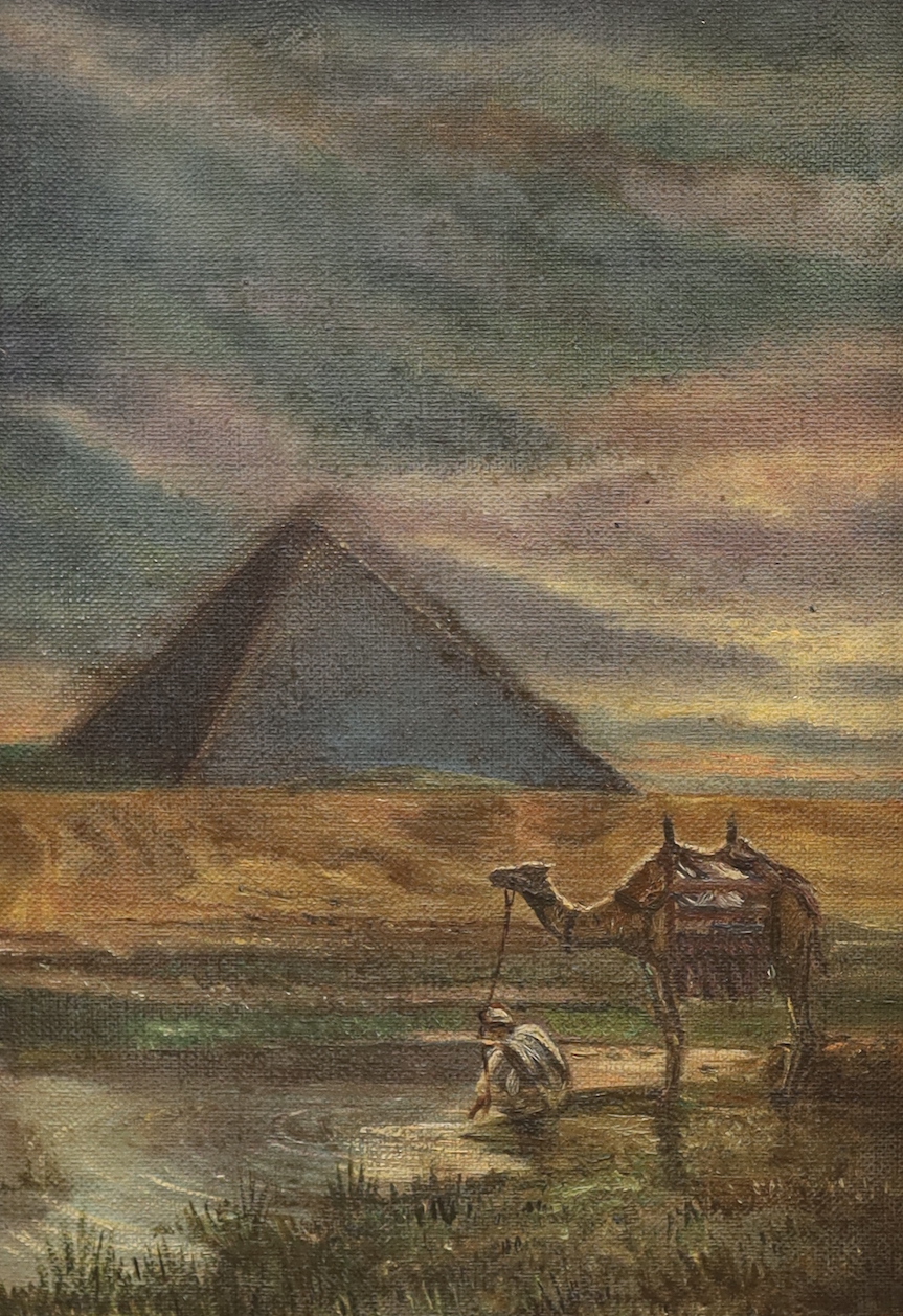 20th century oil on canvas, Figure and camel before a pyramid, 32 x 22cm